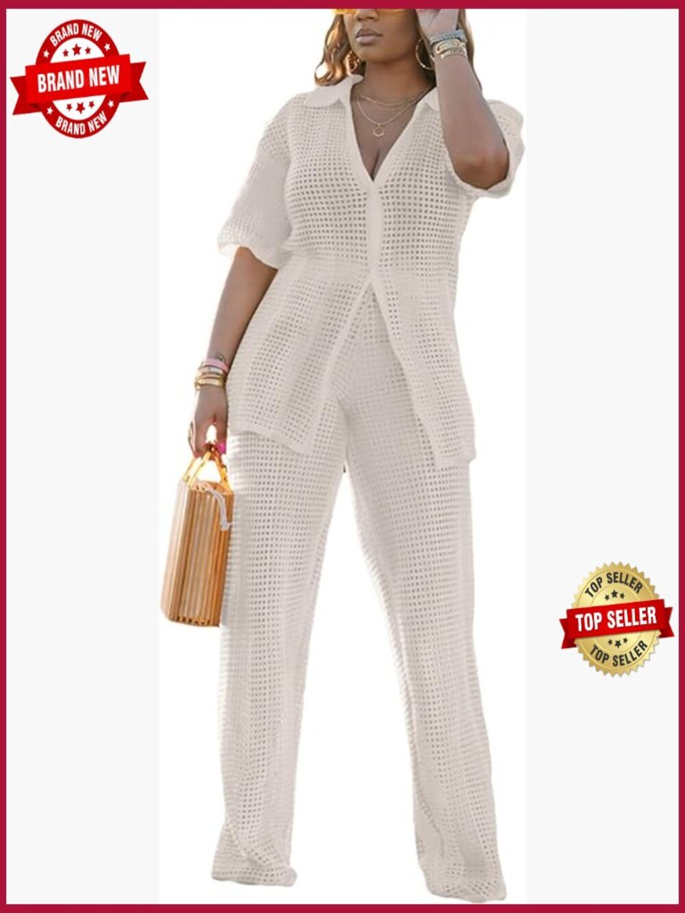 Crochet Two Piece Outfit Knit Button Down Top & Pants